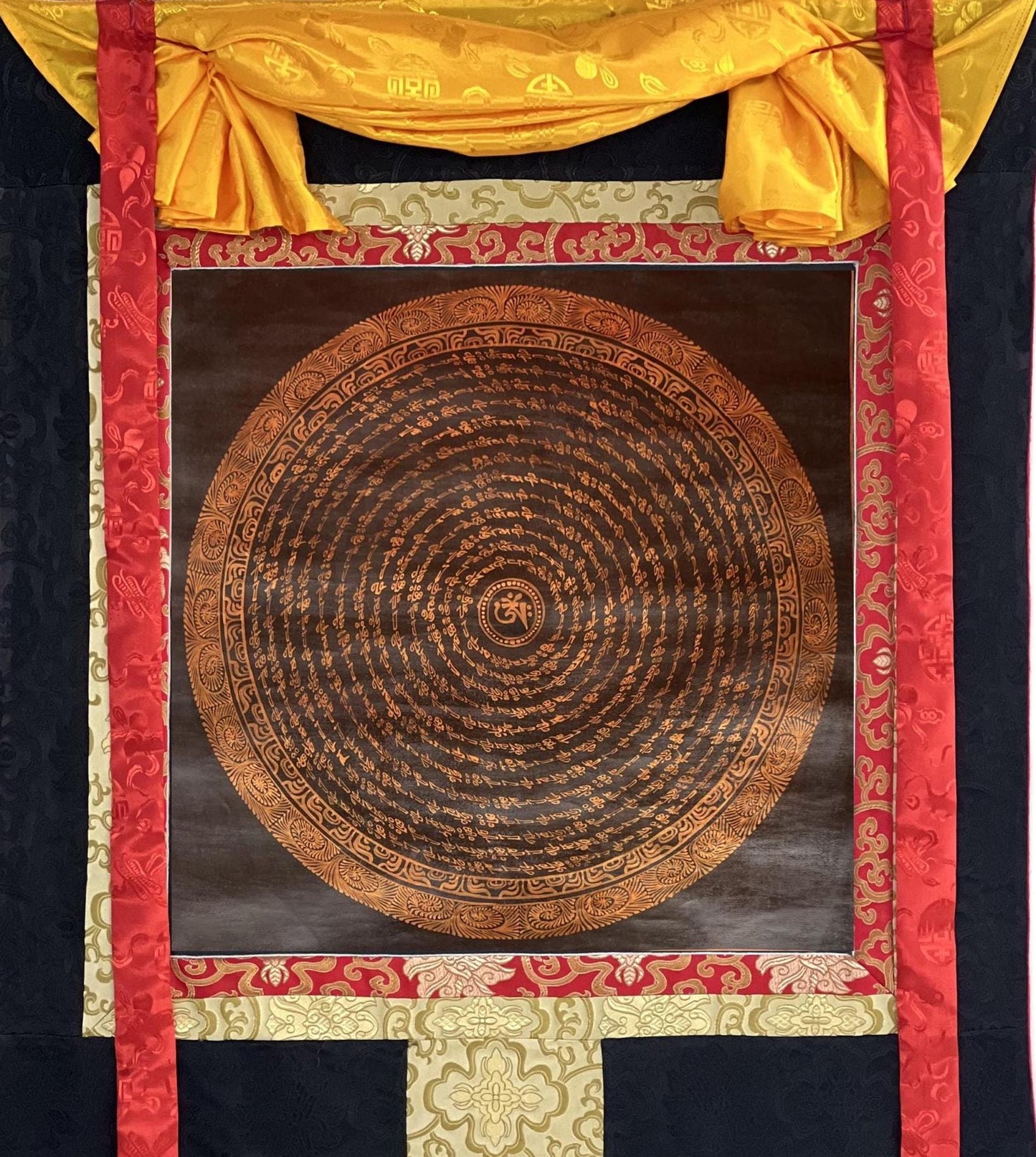 Om Mantra Mandala Thangka | Hand-Painted Tibetan Art with Silk Brocade