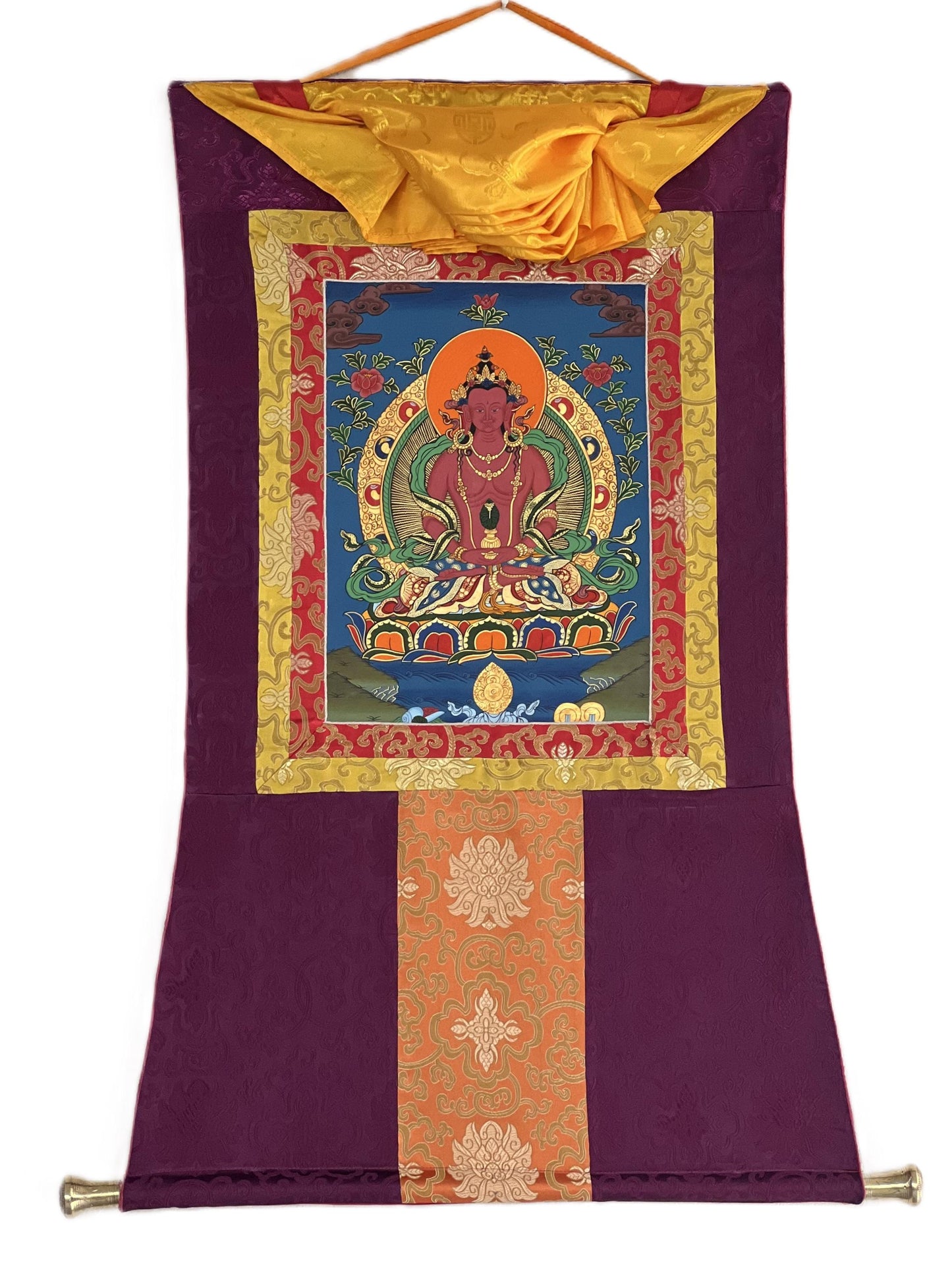 Hand Painted Amitayus Thangka - Tibetan Silk Brocade Meditation Art