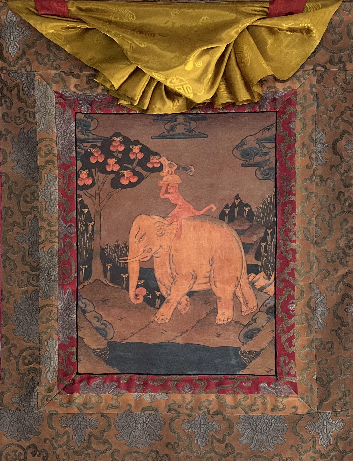 Hand-Painted Four Friends Tibetan Thangka | Silk Brocade, Harmony