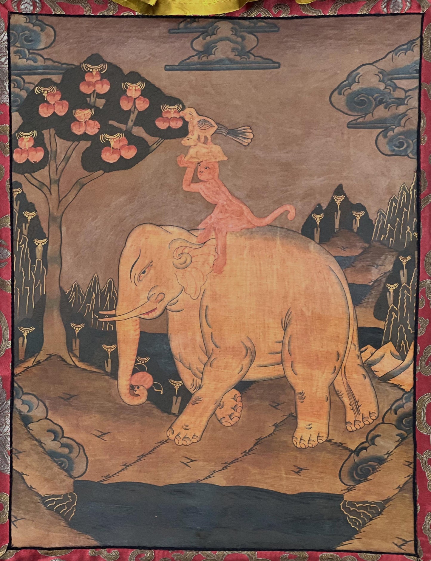 Hand-Painted Four Friends Tibetan Thangka | Silk Brocade, Harmony