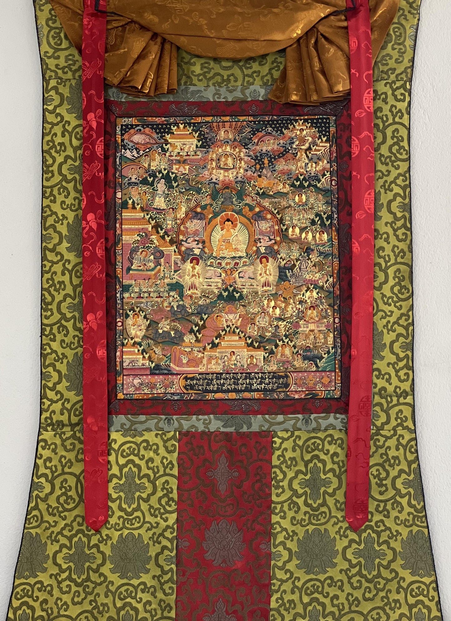 Hand-Painted Buddha Life Mandala Tibetan Thangka with Silk Brocade