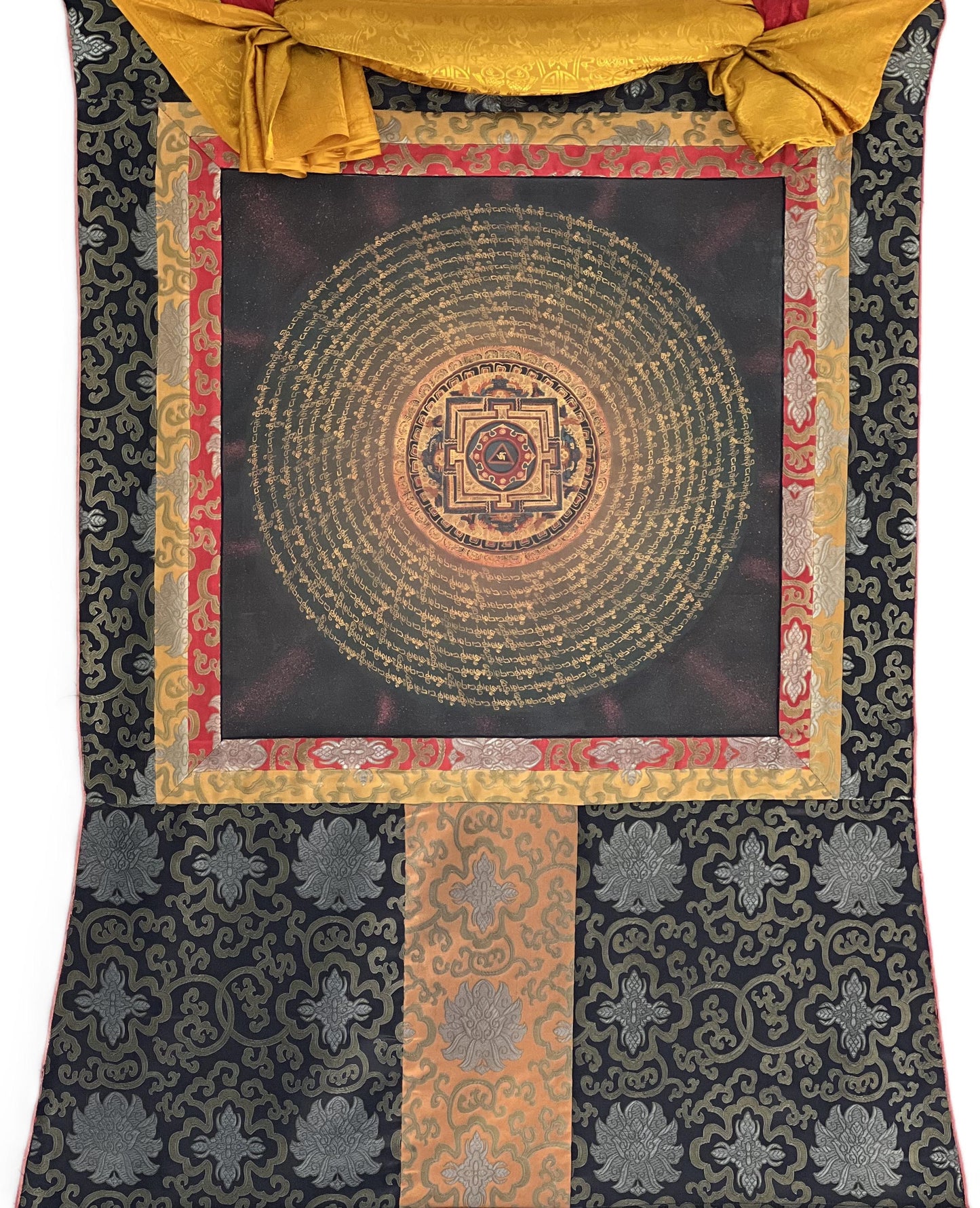 Om Mantra Mandala Thangka | Tibetan Meditation Painting with Silk Brocade
