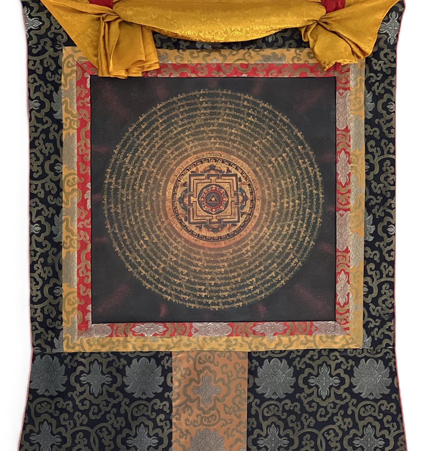Om Mantra Mandala Thangka | Tibetan Meditation Painting with Silk Brocade