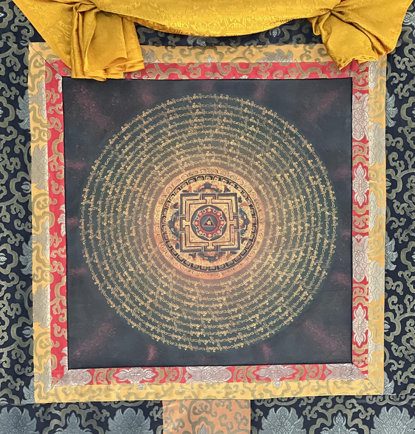 Om Mantra Mandala Thangka | Tibetan Meditation Painting with Silk Brocade