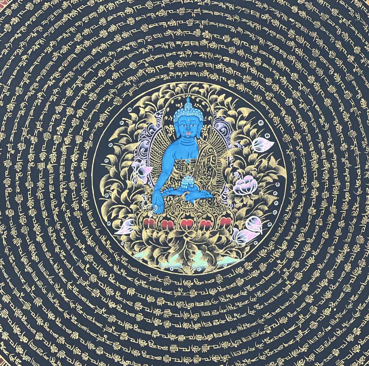 Medicine Buddha Mandala Thangka Painting: Om Mani Padme Hum, Home Decor