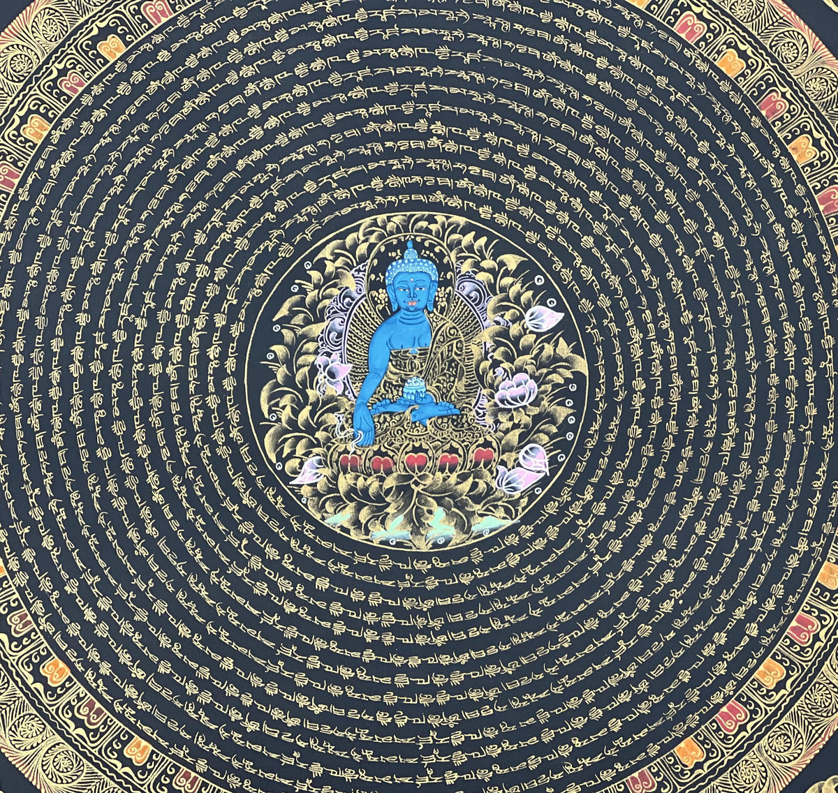 Medicine Buddha Mandala Thangka Painting: Om Mani Padme Hum, Home Decor