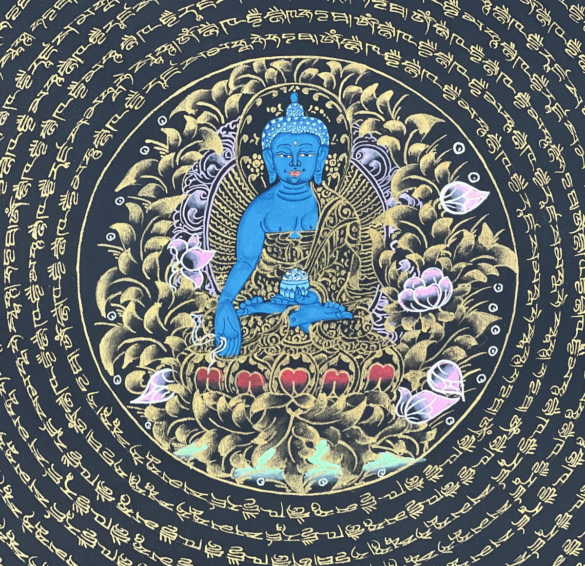 Medicine Buddha Mandala Thangka Painting: Om Mani Padme Hum, Home Decor