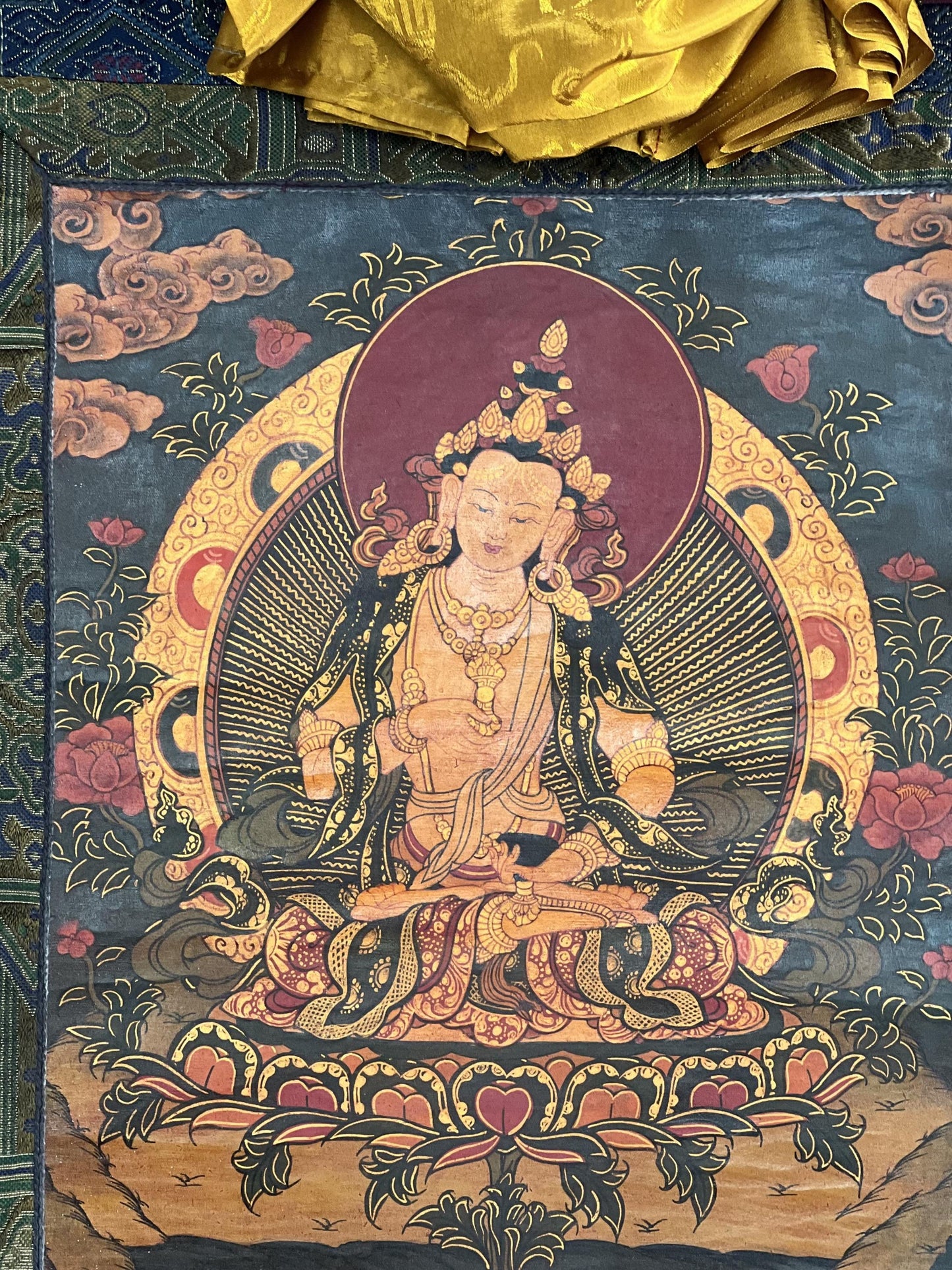 Old Oil Varnished Vajrasattva Thangka | Tibetan Buddhist Art | Hand-Painted Sacred Painting | Silk Brocade Frame