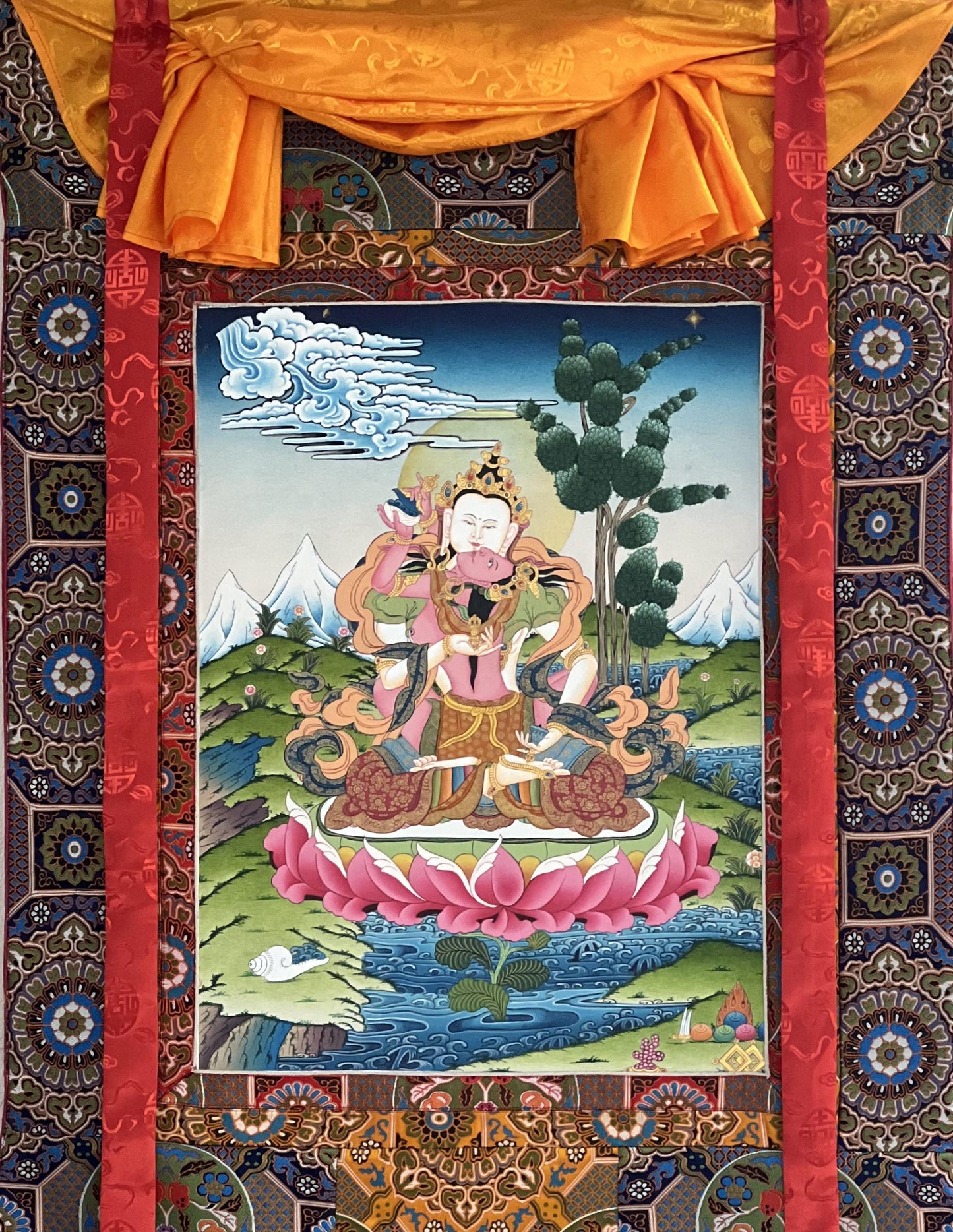 Hand-Painted Vajrasattva Thangka |  Khadi Silk Brocade Mount