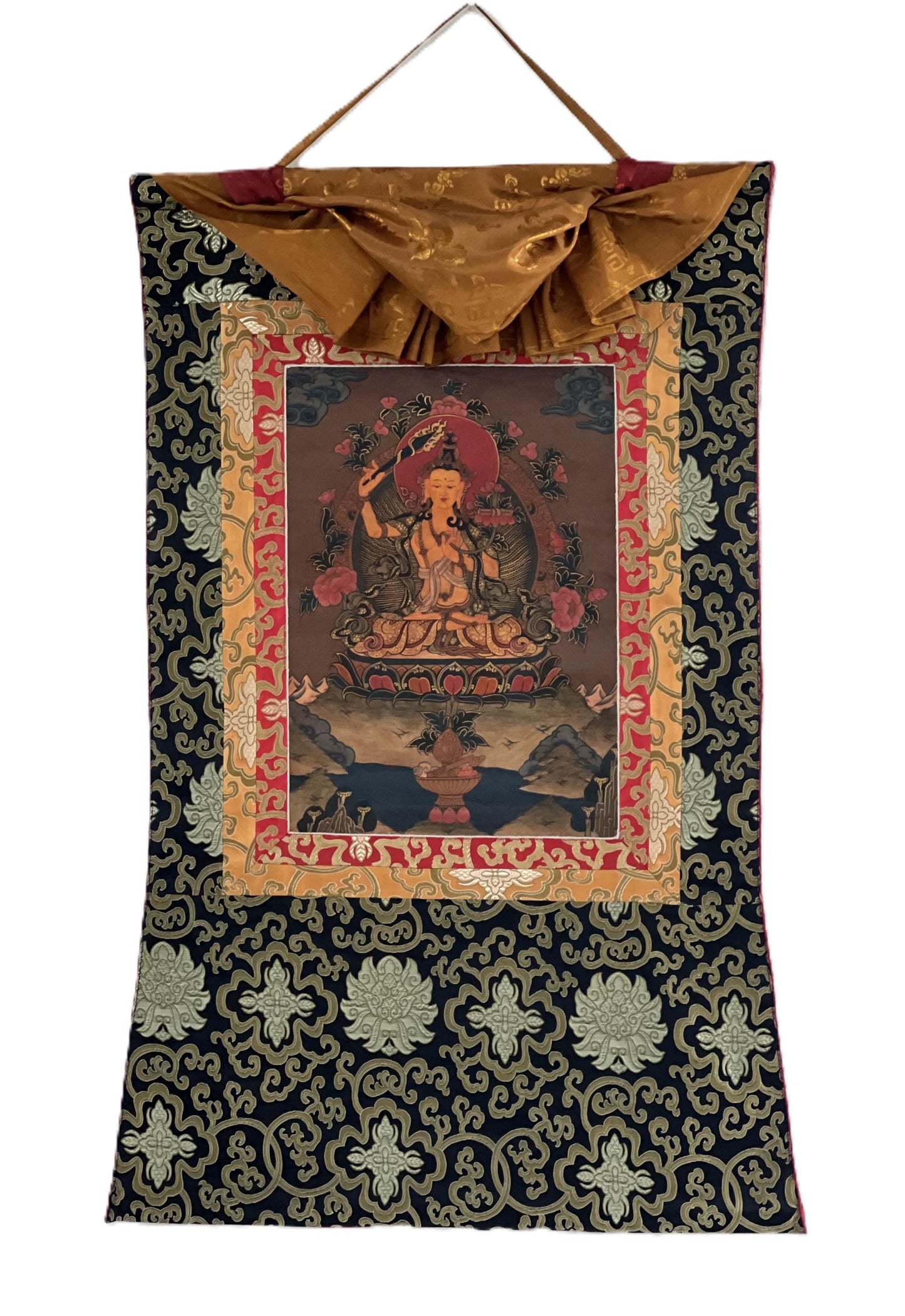 Hand-painted Manjushri Bodhisattva Tibetan Thangka with Silk Brocade, Oil Varnished