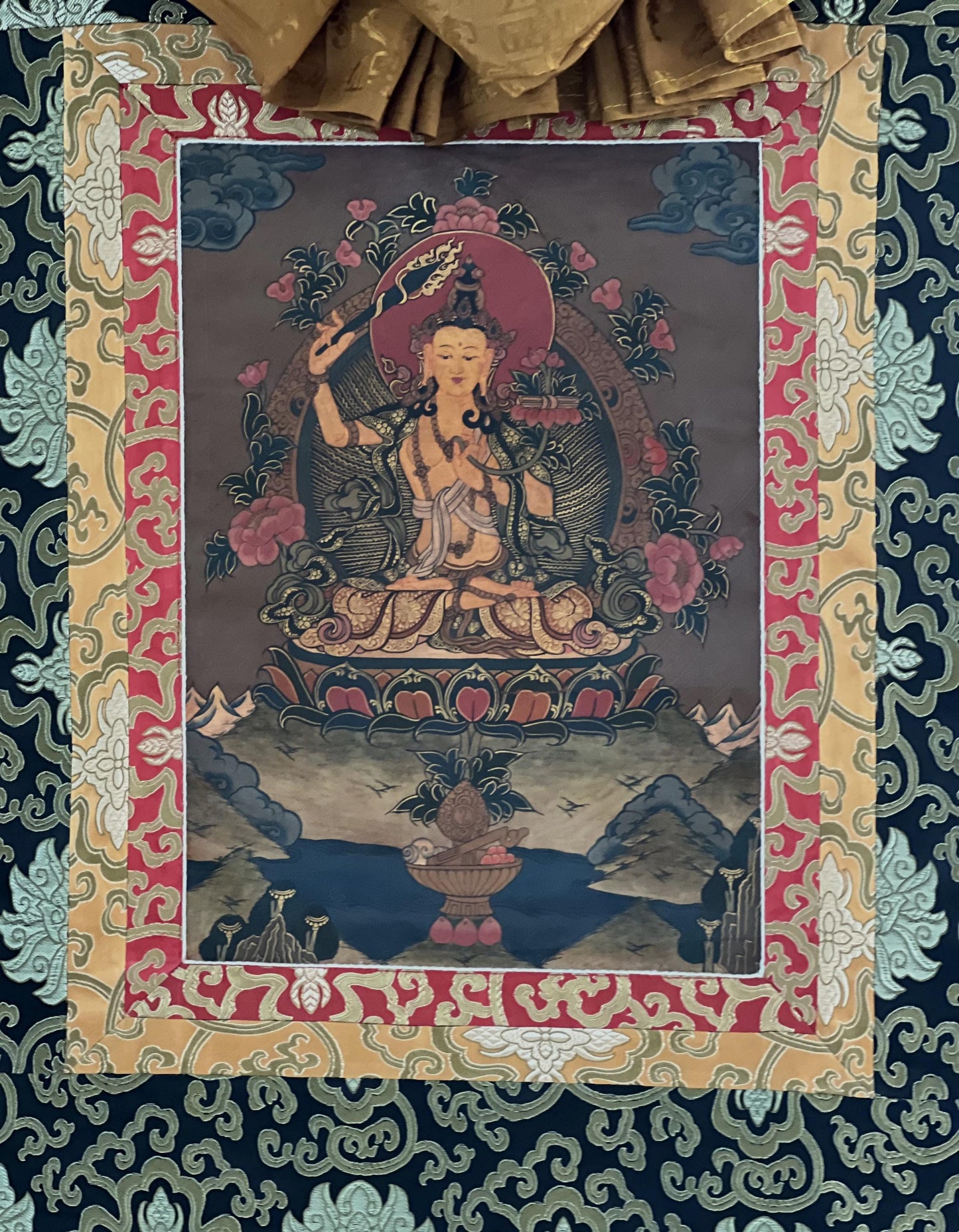 Hand-painted Manjushri Bodhisattva Tibetan Thangka with Silk Brocade, Oil Varnished