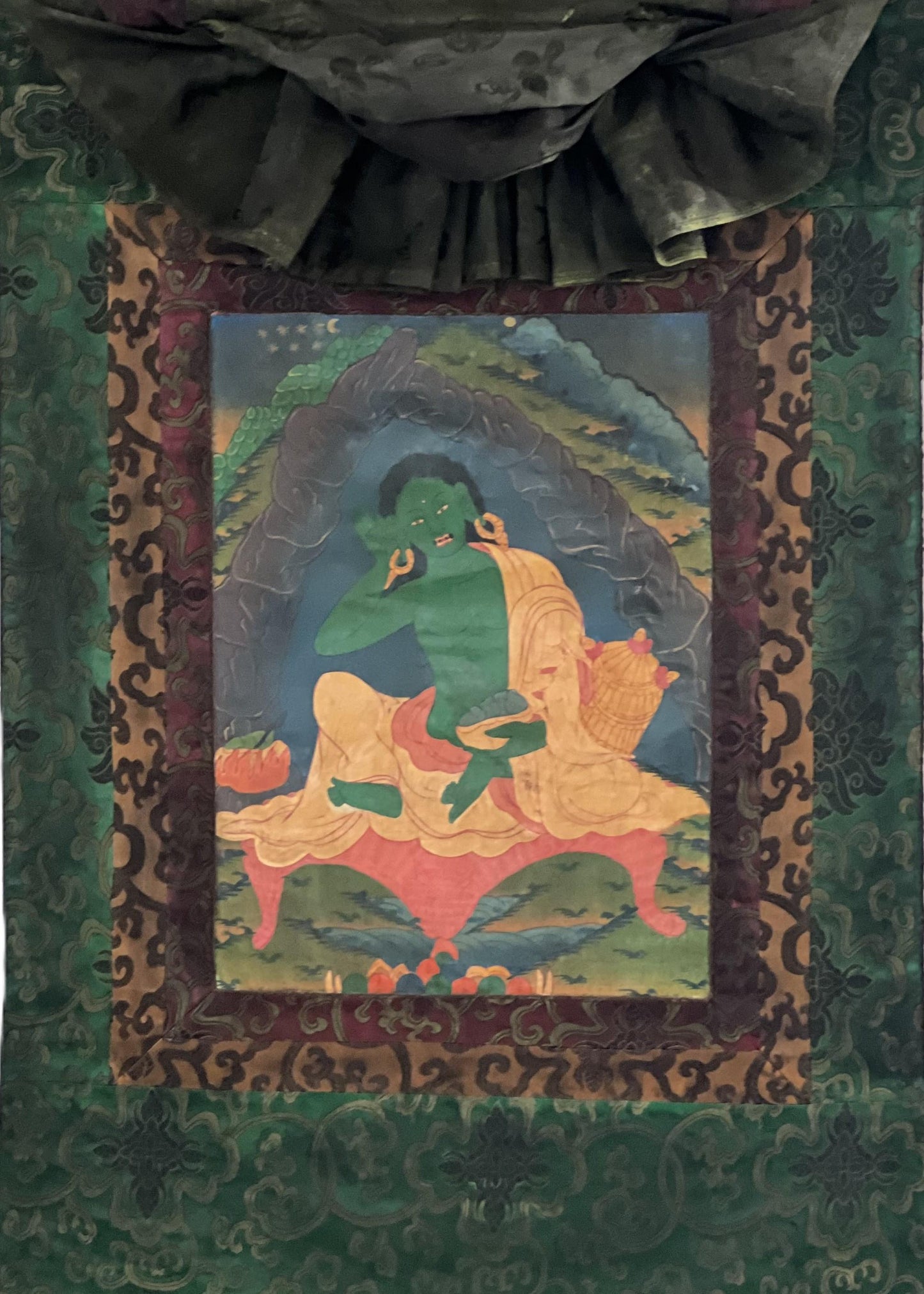 Vintage Milarepa Thangka Painting – Tibetan Yogi Art with Silk Brocade