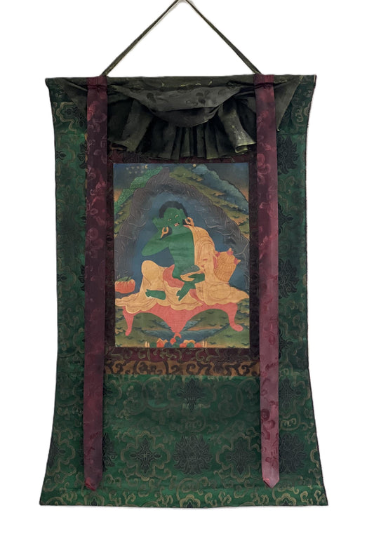 Vintage Milarepa Thangka Painting – Tibetan Yogi Art with Silk Brocade