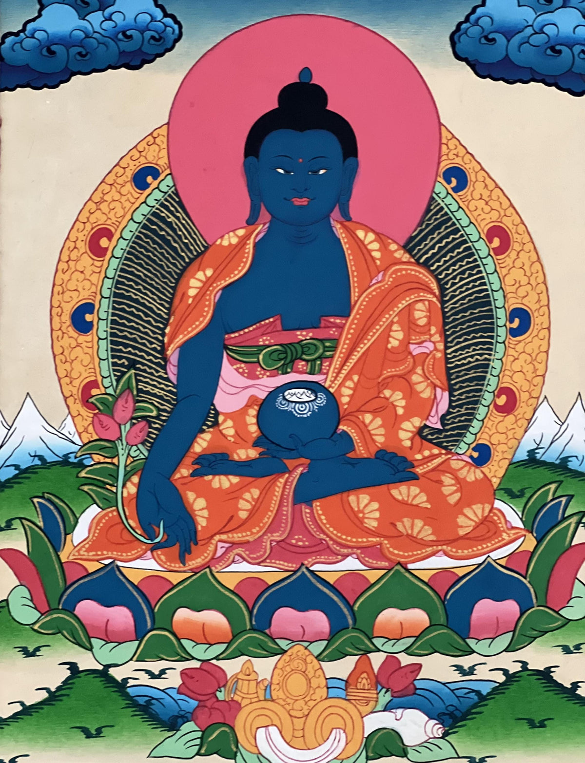 Handmade Medicine Buddha Thangka Painting, Framed in Silk Brocade