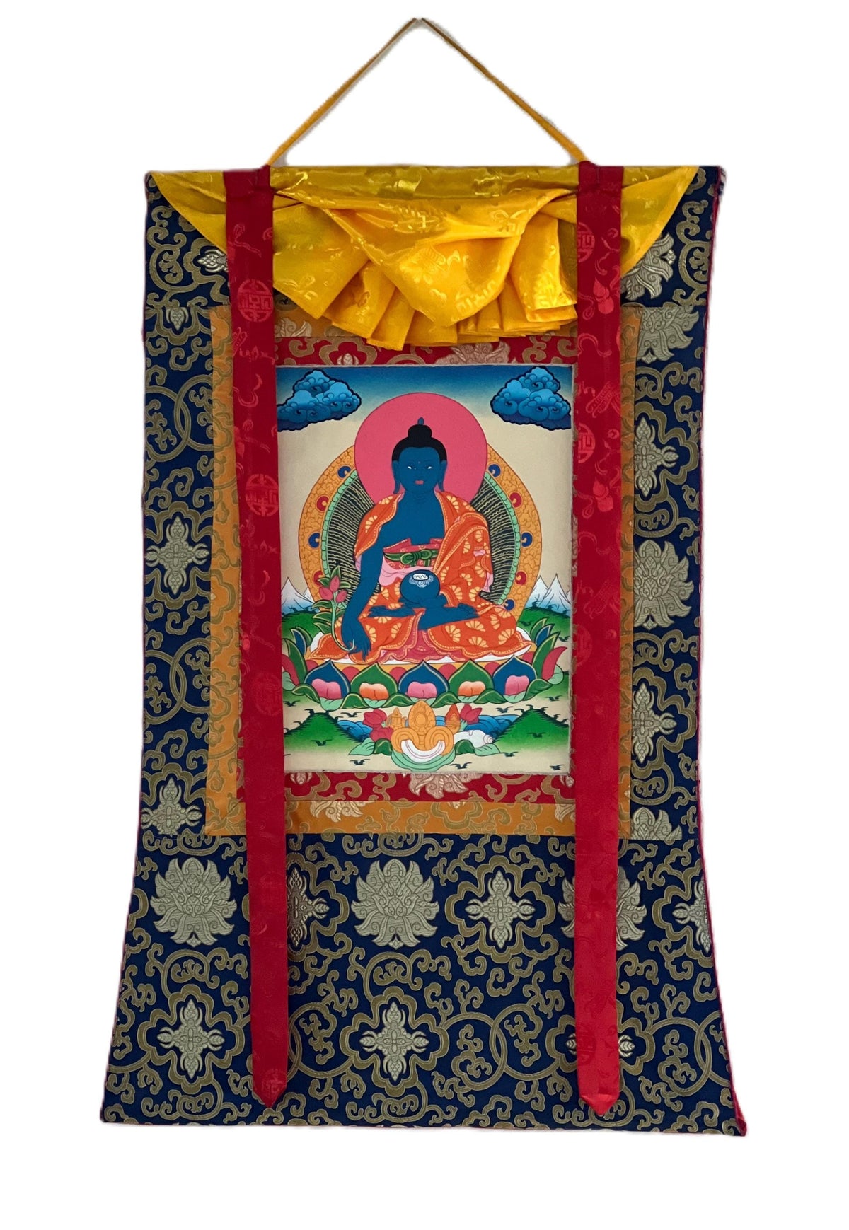 Handmade Medicine Buddha Thangka Painting, Framed in Silk Brocade