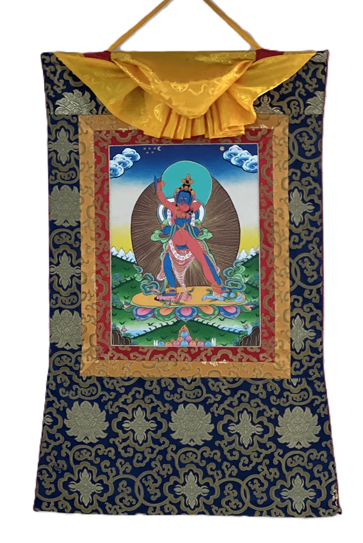 Hand-Painted Kalachakra Thangka, Visvamata Deity, Silk Brocade Frame