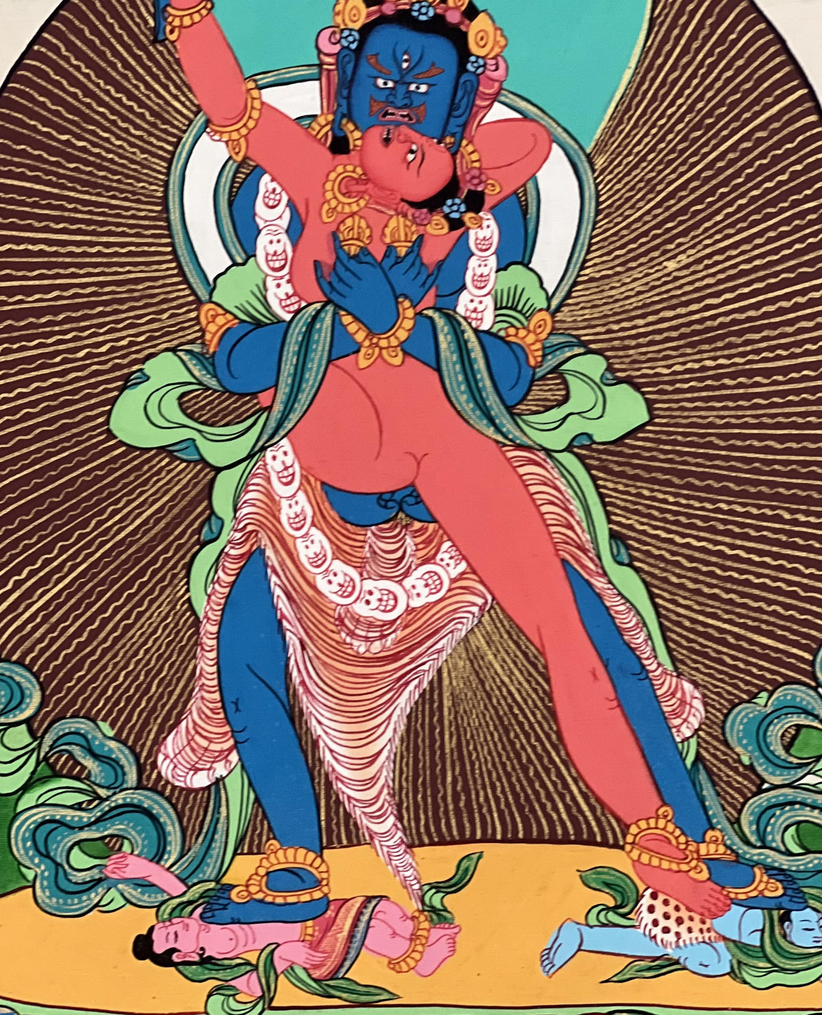 Hand-Painted Kalachakra Thangka, Visvamata Deity, Silk Brocade Frame