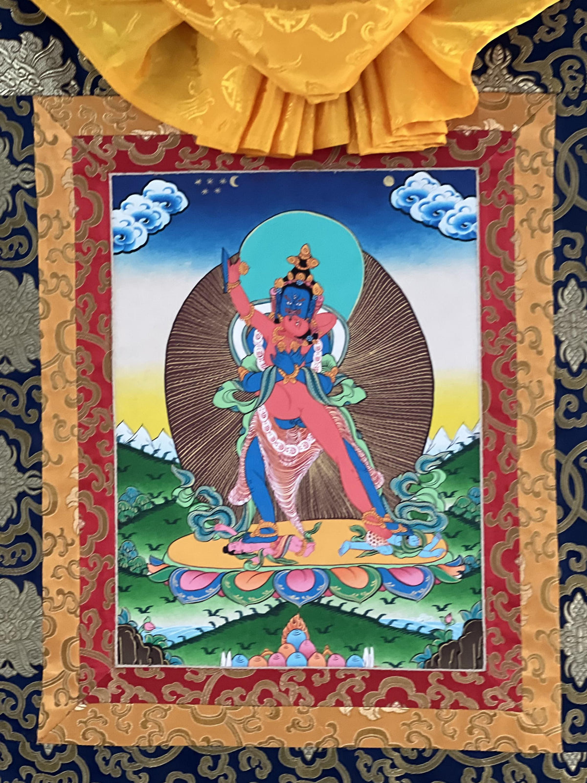 Hand-Painted Kalachakra Thangka, Visvamata Deity, Silk Brocade Frame
