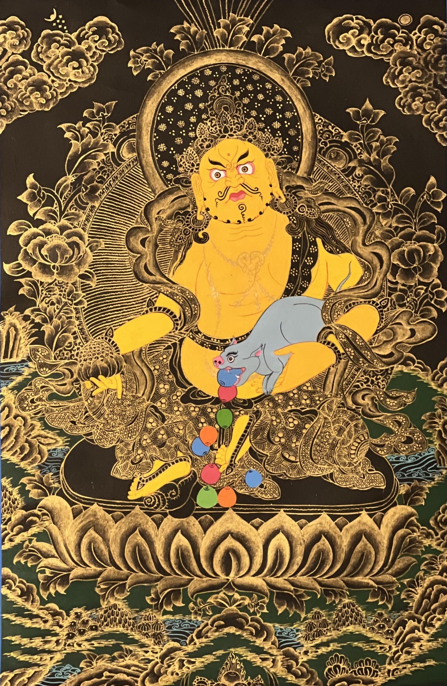 Yellow Dzambhala Thangka | Black & Gold Hand-Painted Kubera Wealth Deity with Silk Brocade