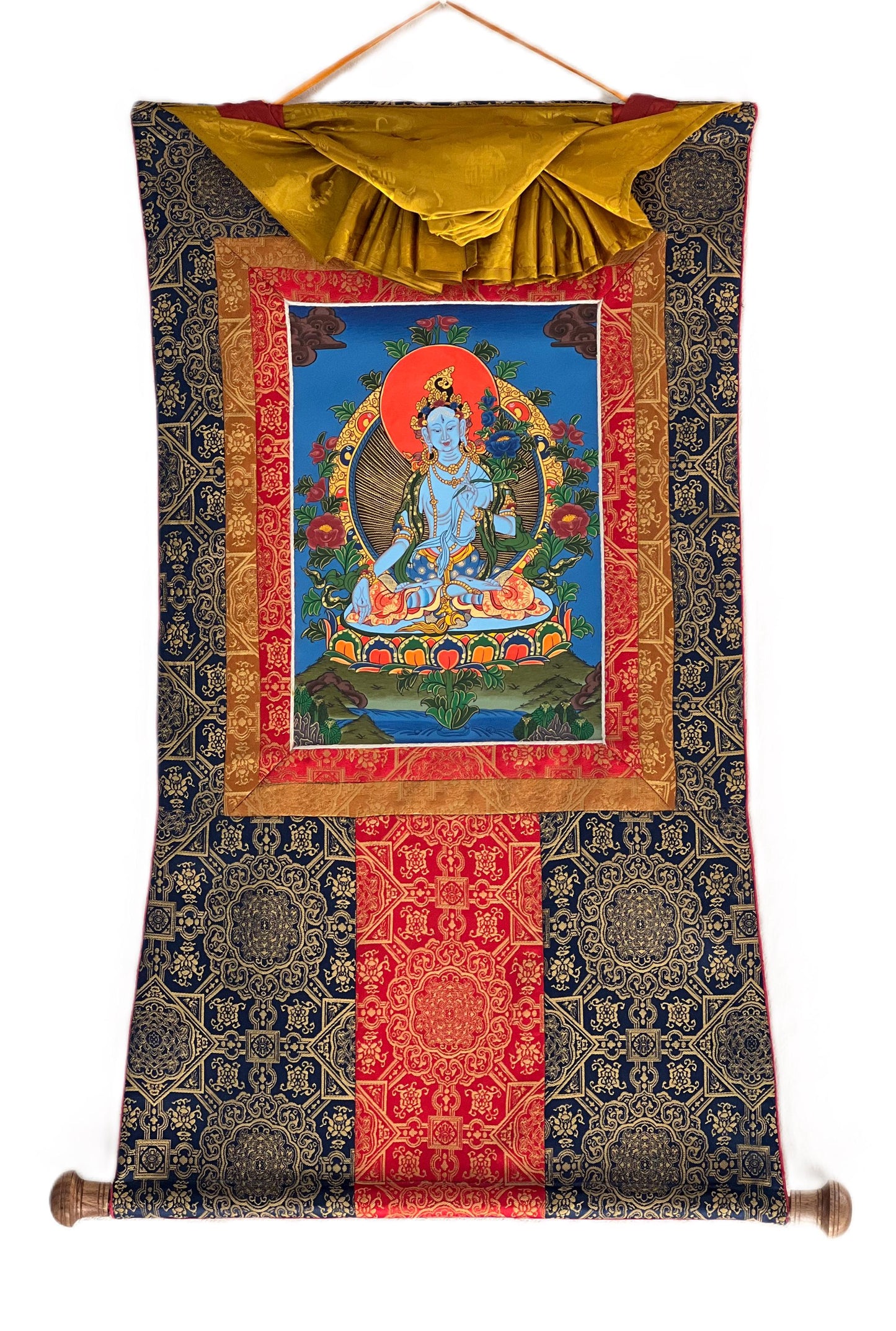 Hand-Painted White Tara Thangka, Tibetan Silk Brocade, Meditation Art