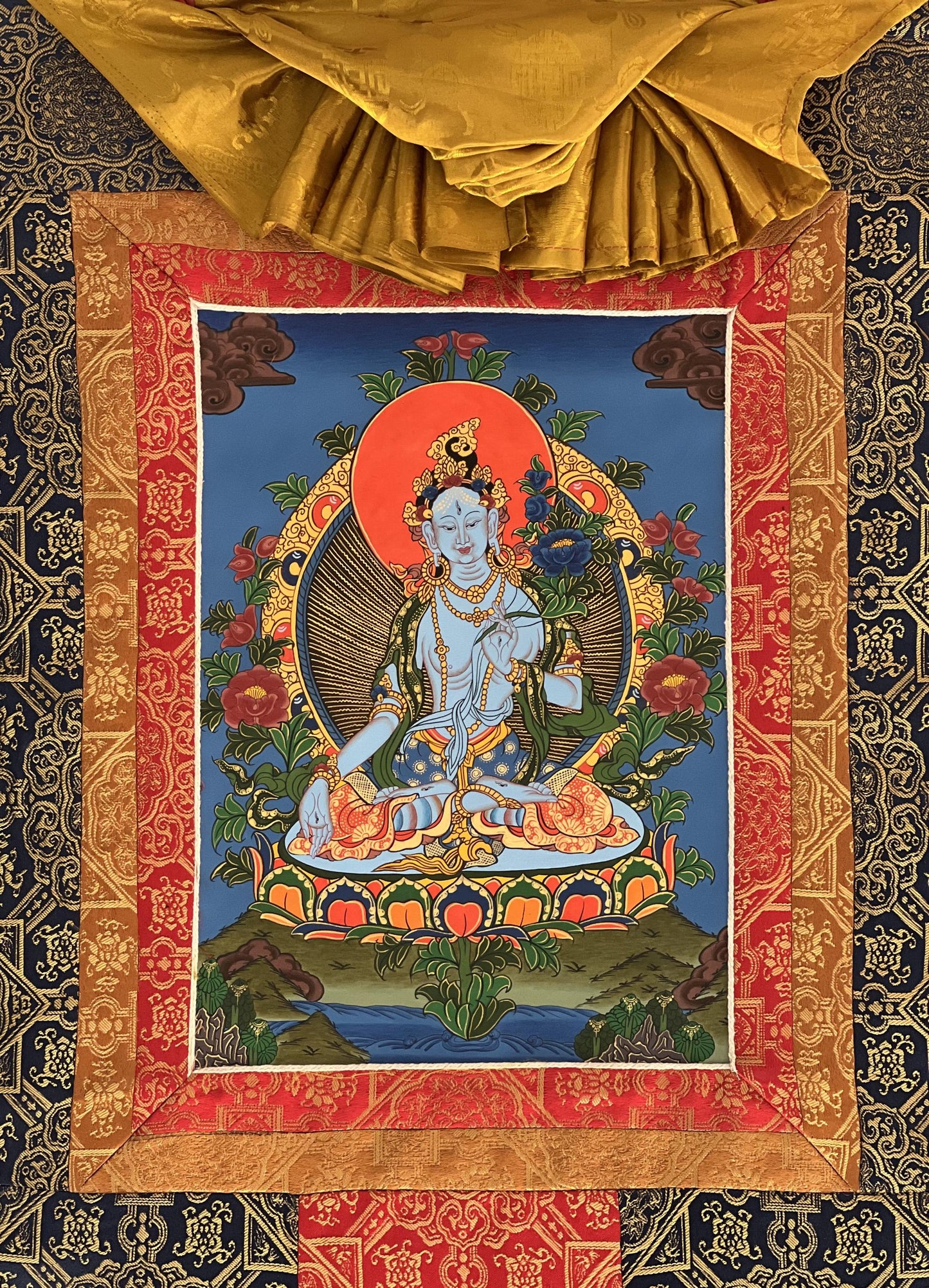 Hand-Painted White Tara Thangka, Tibetan Silk Brocade, Meditation Art