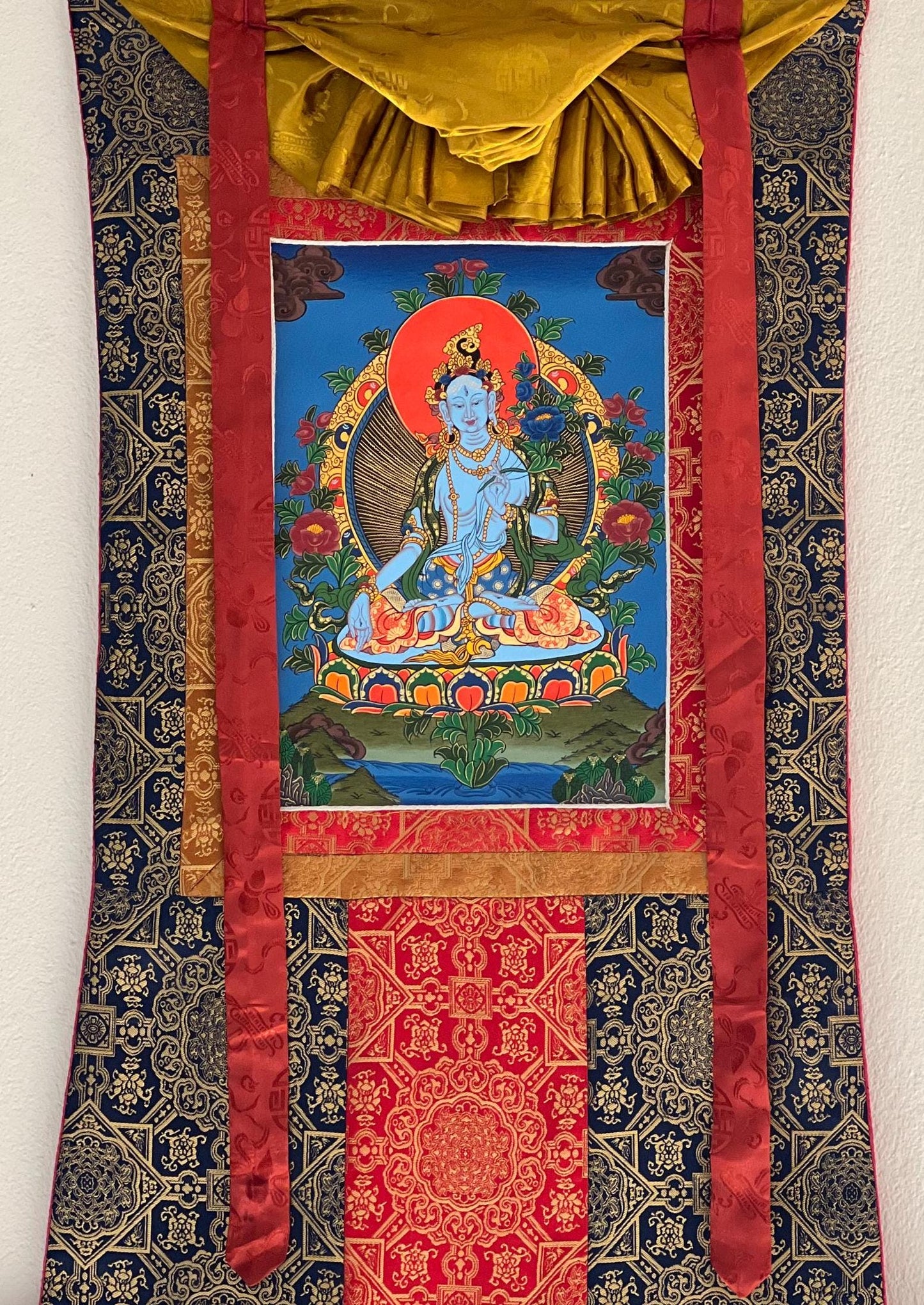 Hand-Painted White Tara Thangka, Tibetan Silk Brocade, Meditation Art