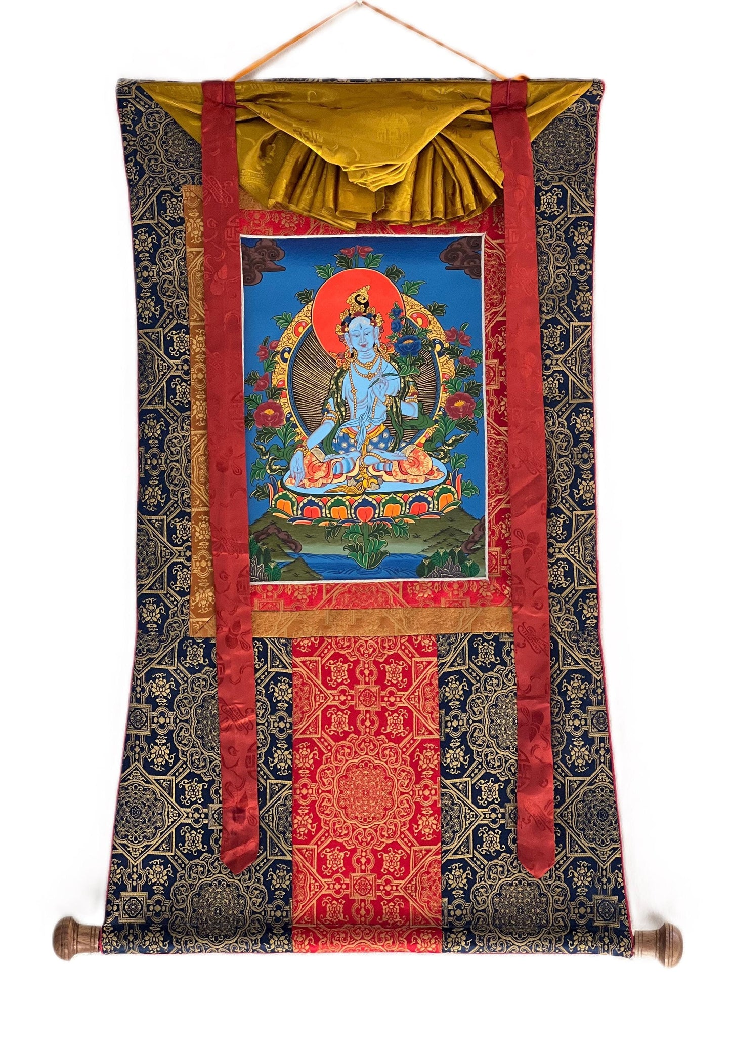 Hand-Painted White Tara Thangka, Tibetan Silk Brocade, Meditation Art