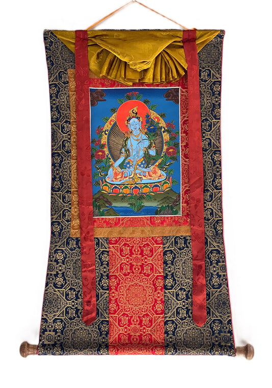Hand-Painted White Tara Thangka, Tibetan Silk Brocade, Meditation Art