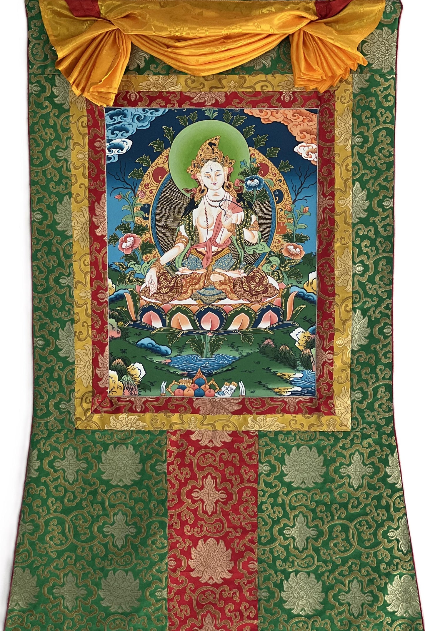 White Tara Thangka Painting, Hand-Painted Tibetan Mother Goddess Art