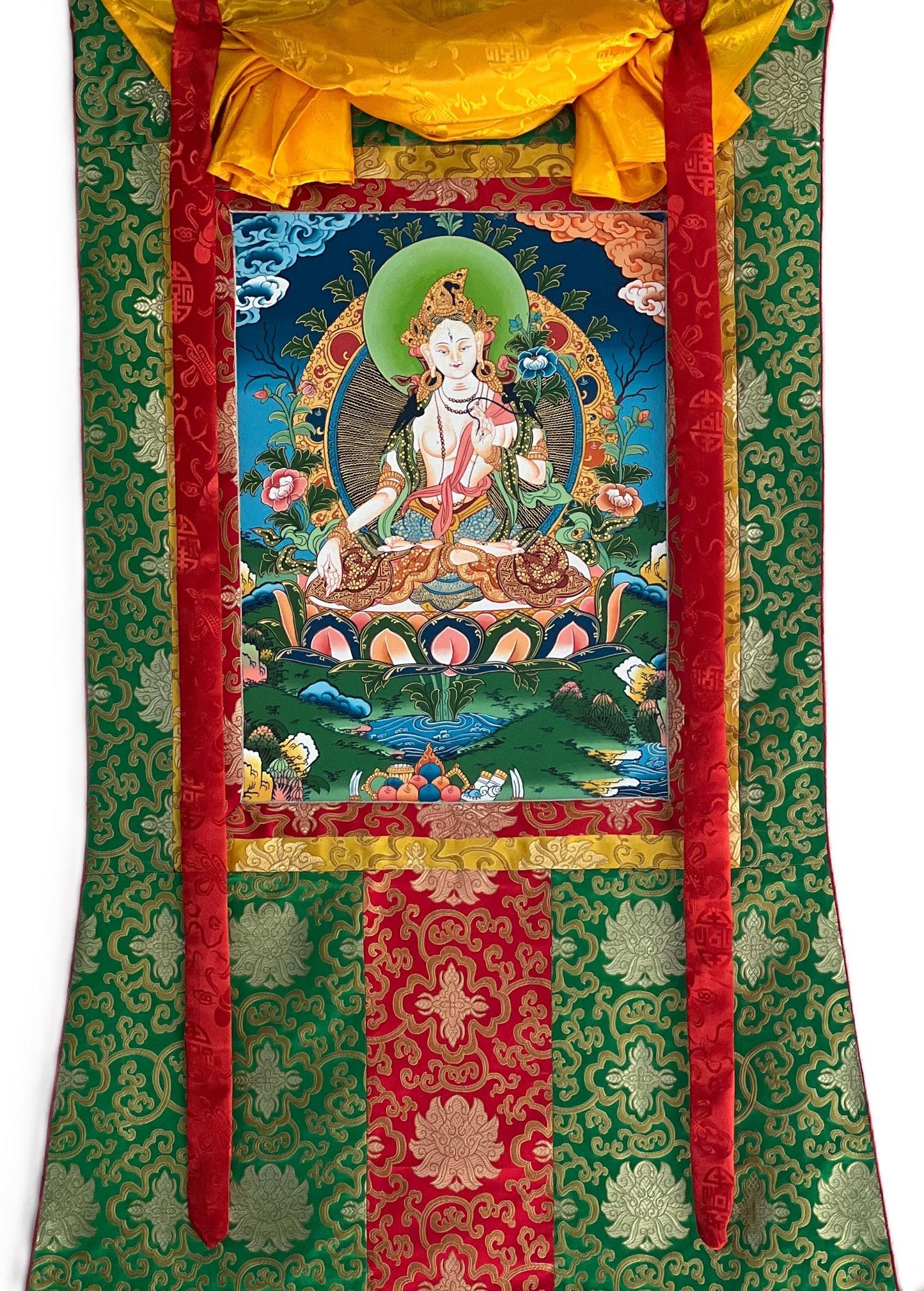 White Tara Thangka Painting, Hand-Painted Tibetan Mother Goddess Art