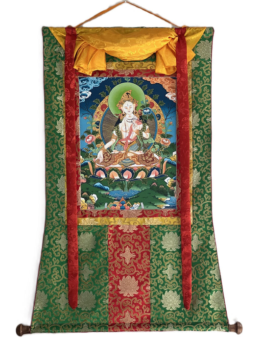 White Tara Thangka Painting, Hand-Painted Tibetan Mother Goddess Art