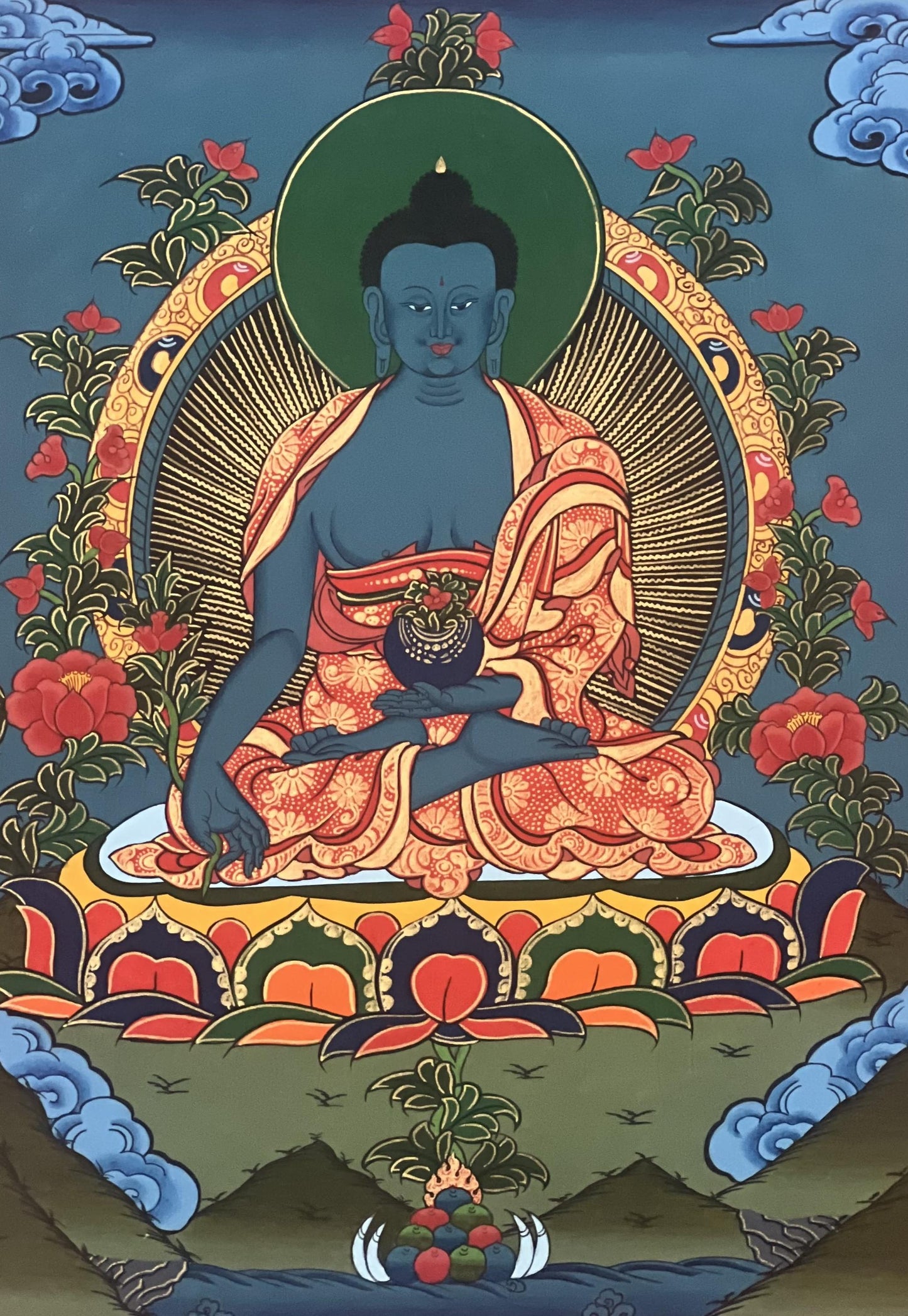 Hand-Painted Medicine Buddha Thangka with Silk Brocade