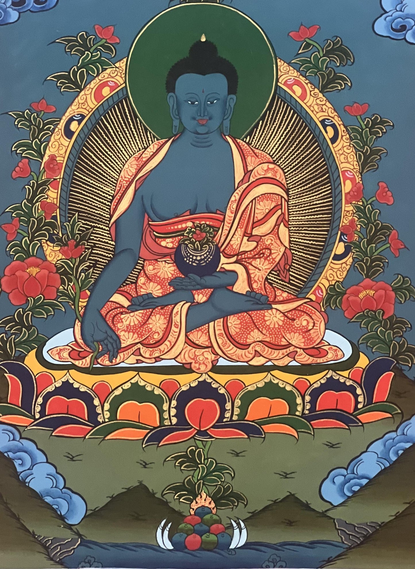 Hand-Painted Medicine Buddha Thangka with Silk Brocade