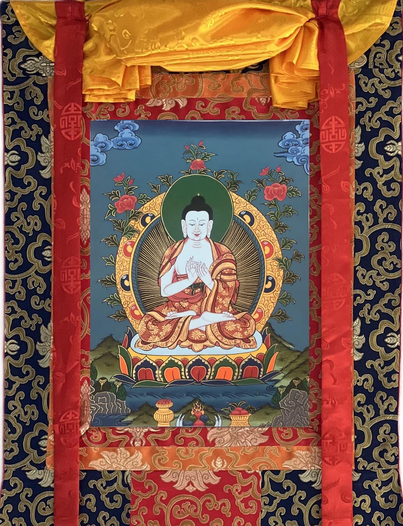 Hand-Painted Vairocana Buddha Thangka | Tibetan Buddhist Art with Silk Brocade