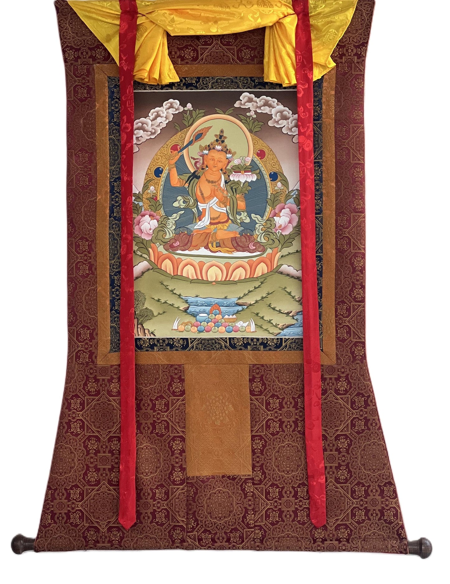 Hand-Painted Manjushri Thangka Painting with Silk Brocade