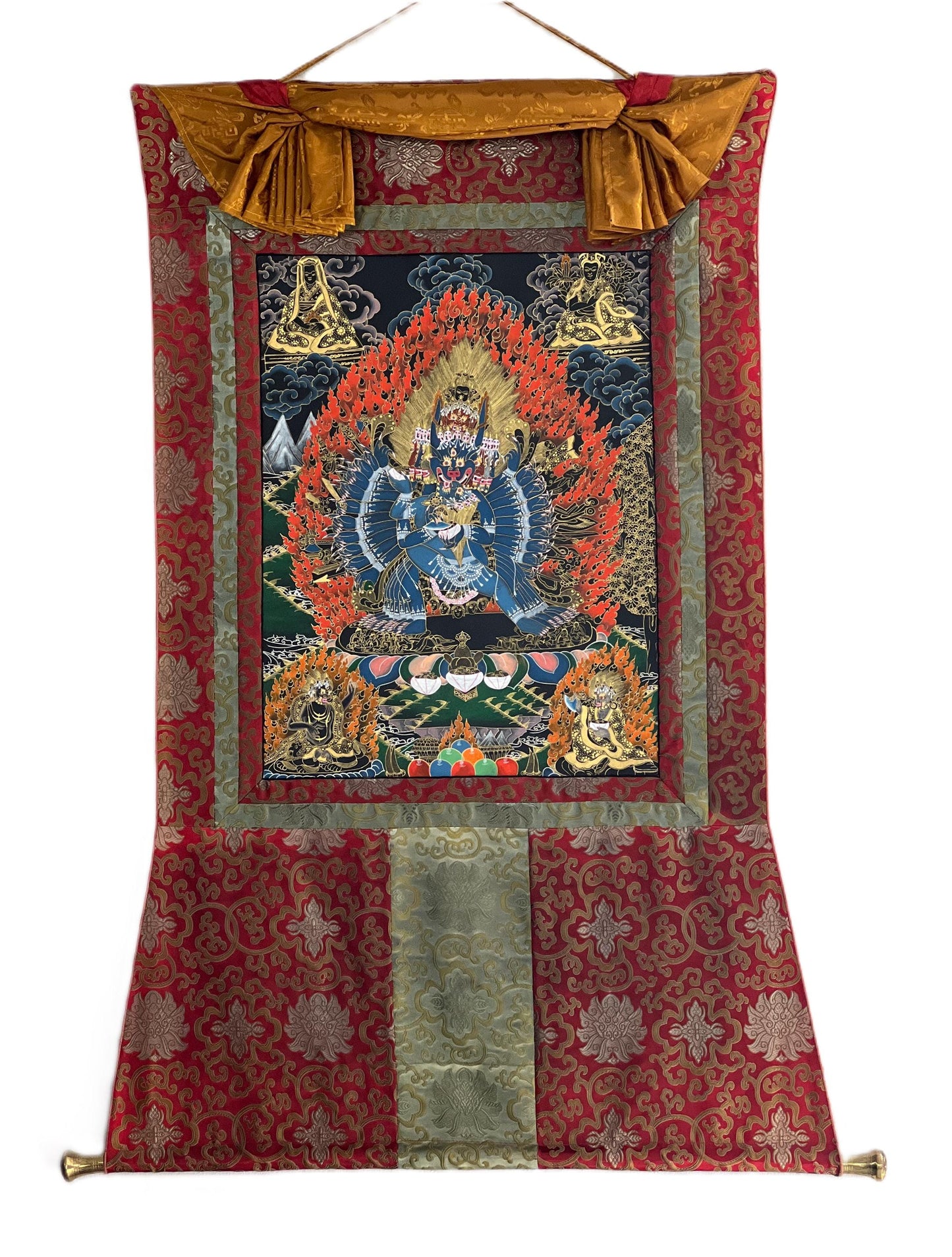 Hand-Painted Yamantaka Thangka Painting with Silk Brocade