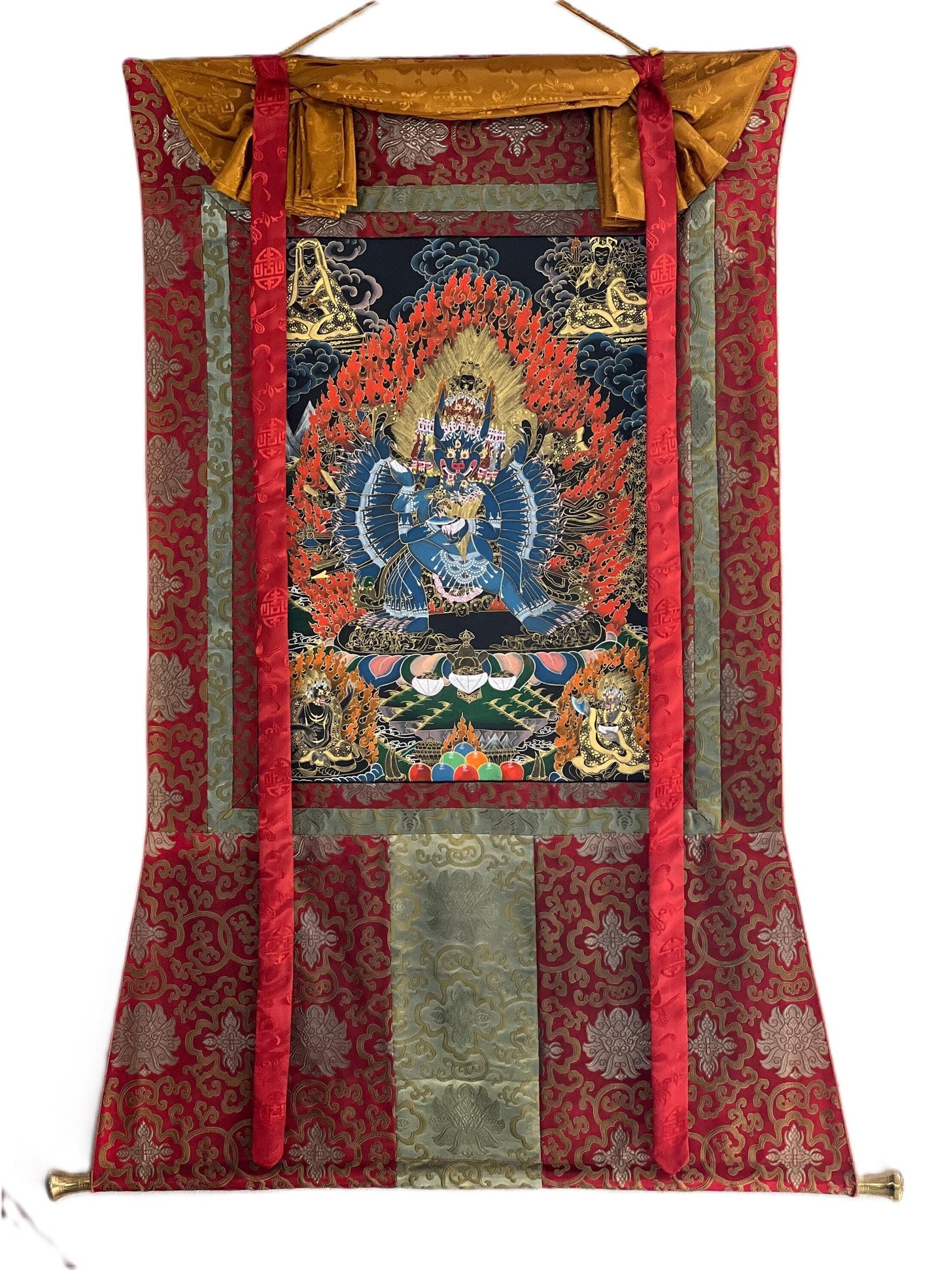Hand-Painted Yamantaka Thangka Painting with Silk Brocade