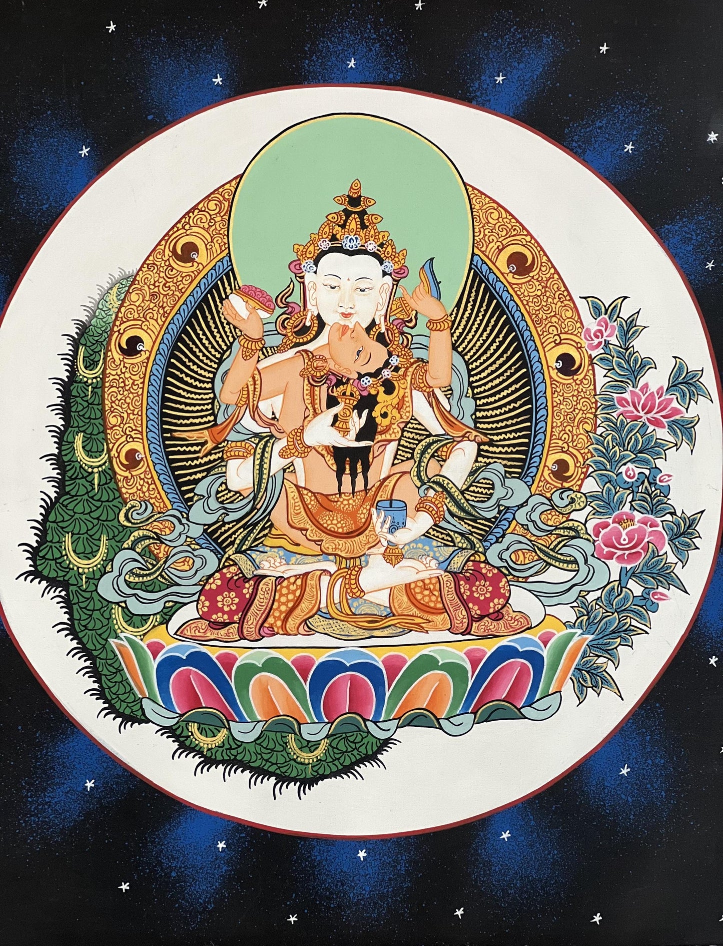 Hand-painted Vajrasattva Thangka, Shakti Dorje Sempa, Silk Brocade