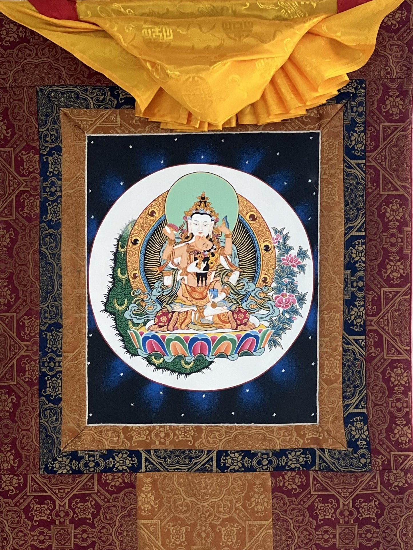 Hand-painted Vajrasattva Thangka, Shakti Dorje Sempa, Silk Brocade