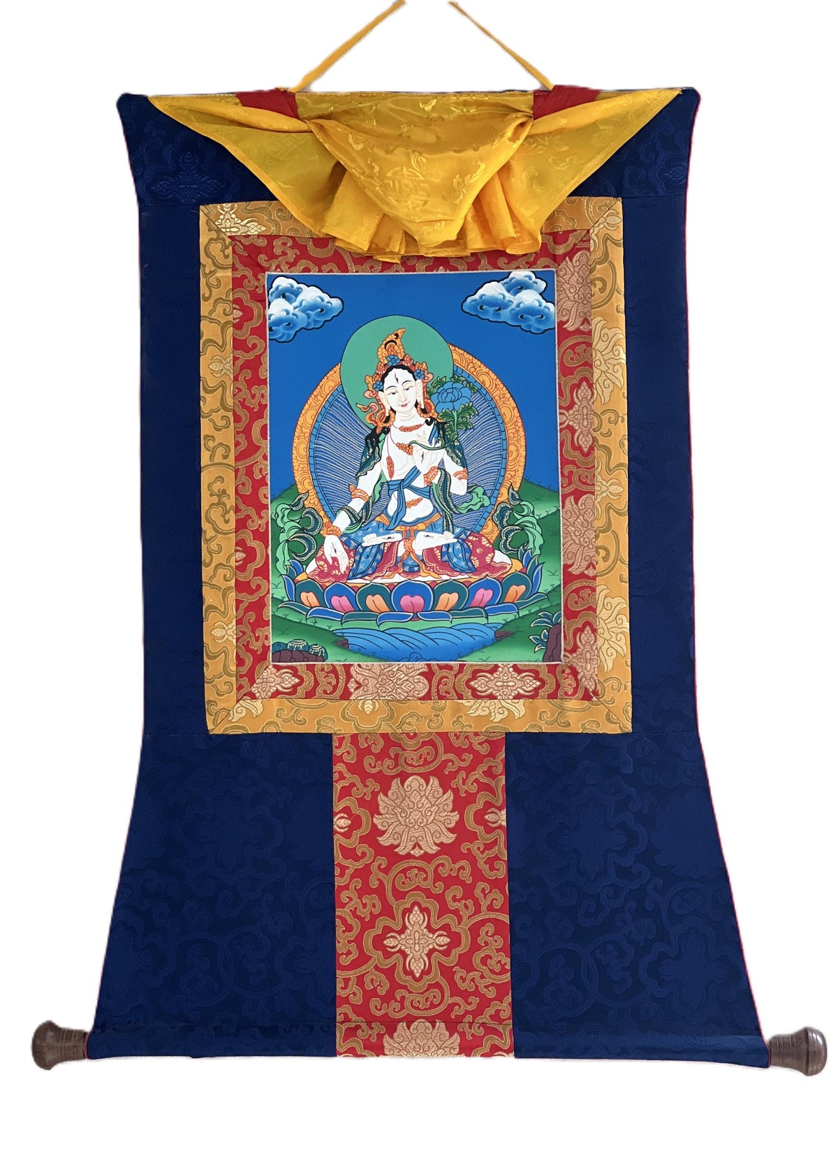 Hand Painted White Tara Thangka Painting with Silk Border