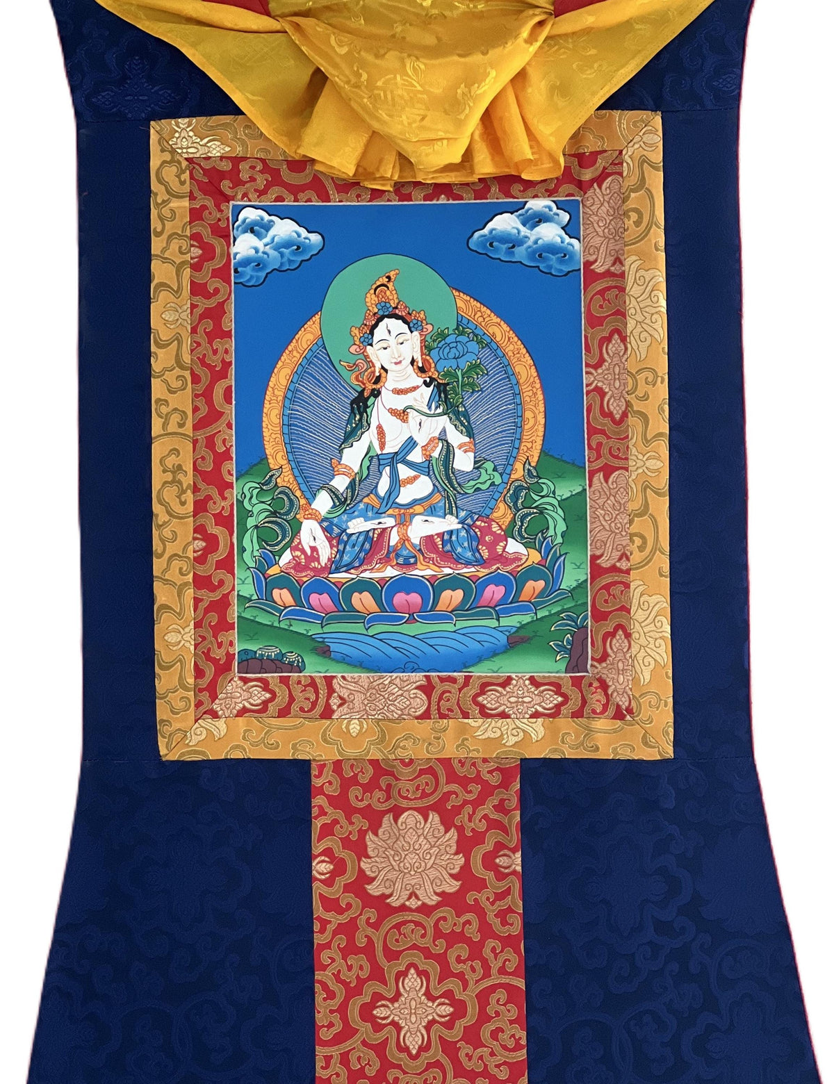Hand Painted White Tara Thangka Painting with Silk Border