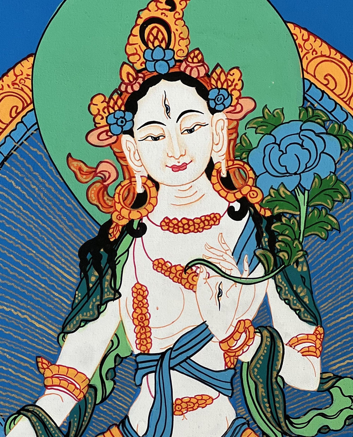 Hand Painted White Tara Thangka Painting with Silk Border