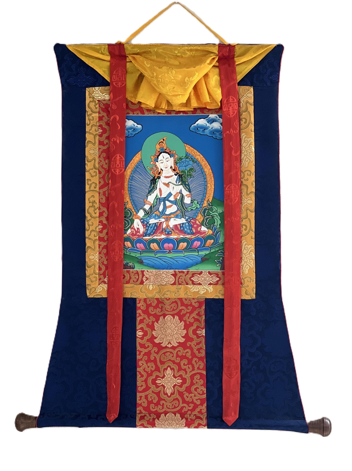 Hand Painted White Tara Thangka Painting with Silk Border