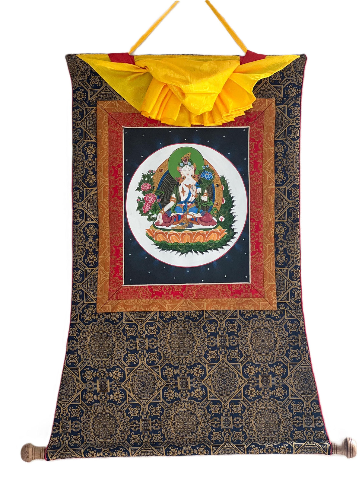 White Tara Thangka Painting, Silk Brocade, Buddhist Meditation Art
