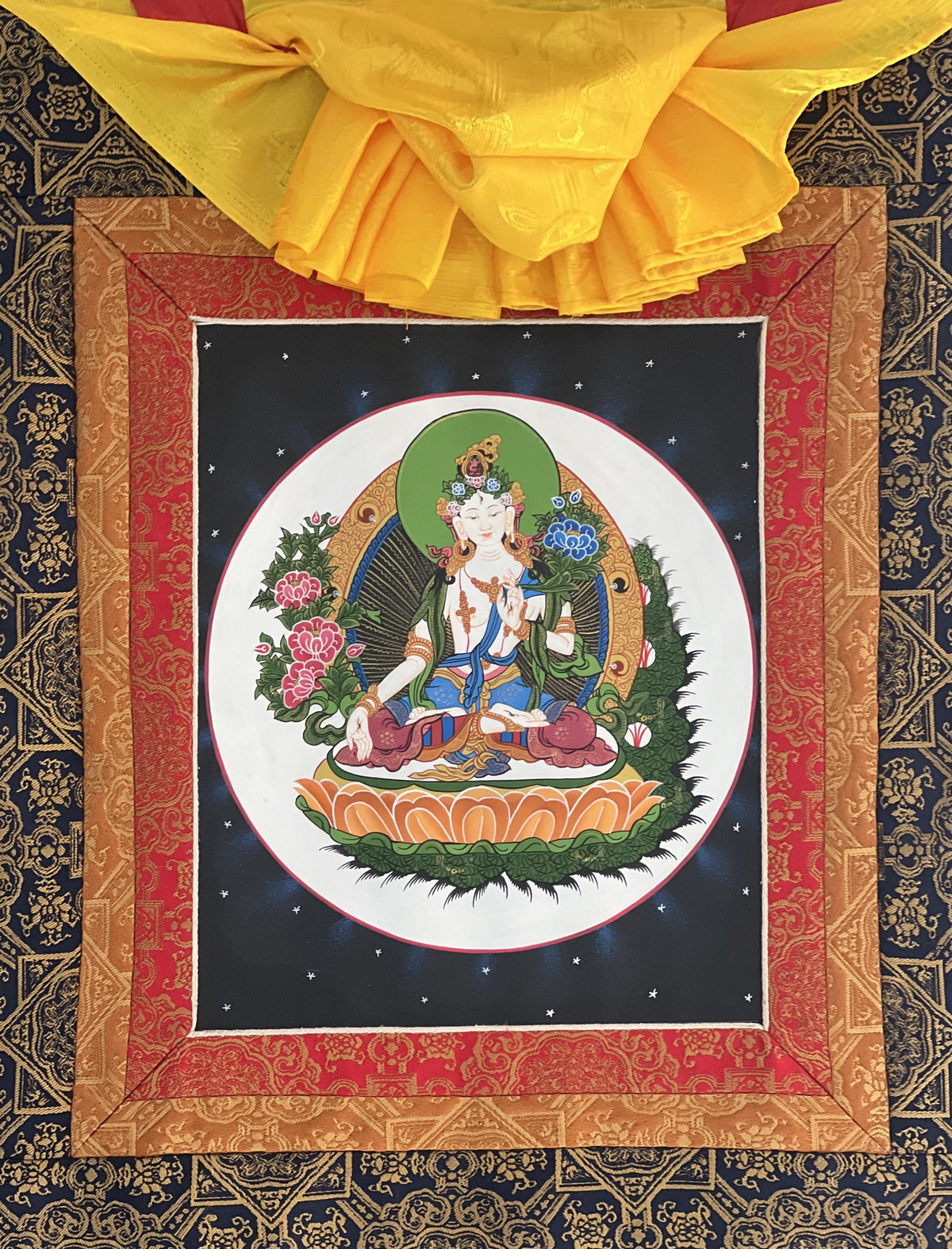 White Tara Thangka Painting, Silk Brocade, Buddhist Meditation Art