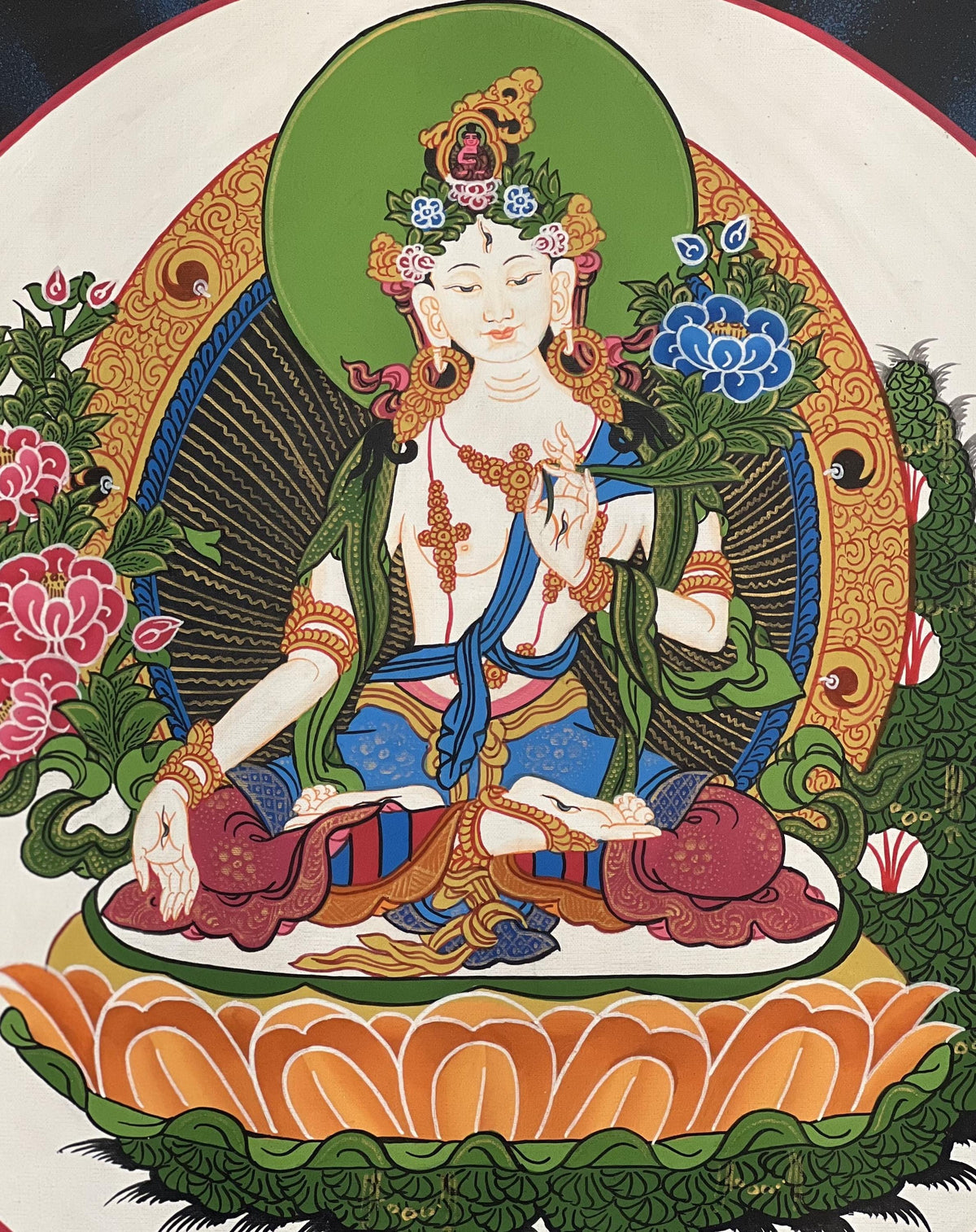White Tara Thangka Painting, Silk Brocade, Buddhist Meditation Art