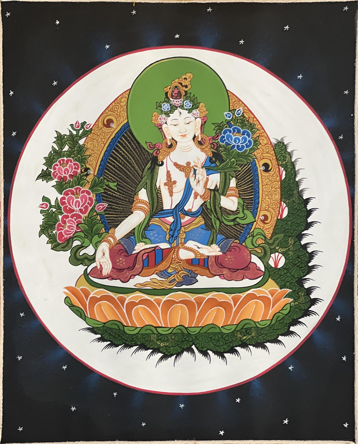 White Tara Thangka Painting, Silk Brocade, Buddhist Meditation Art