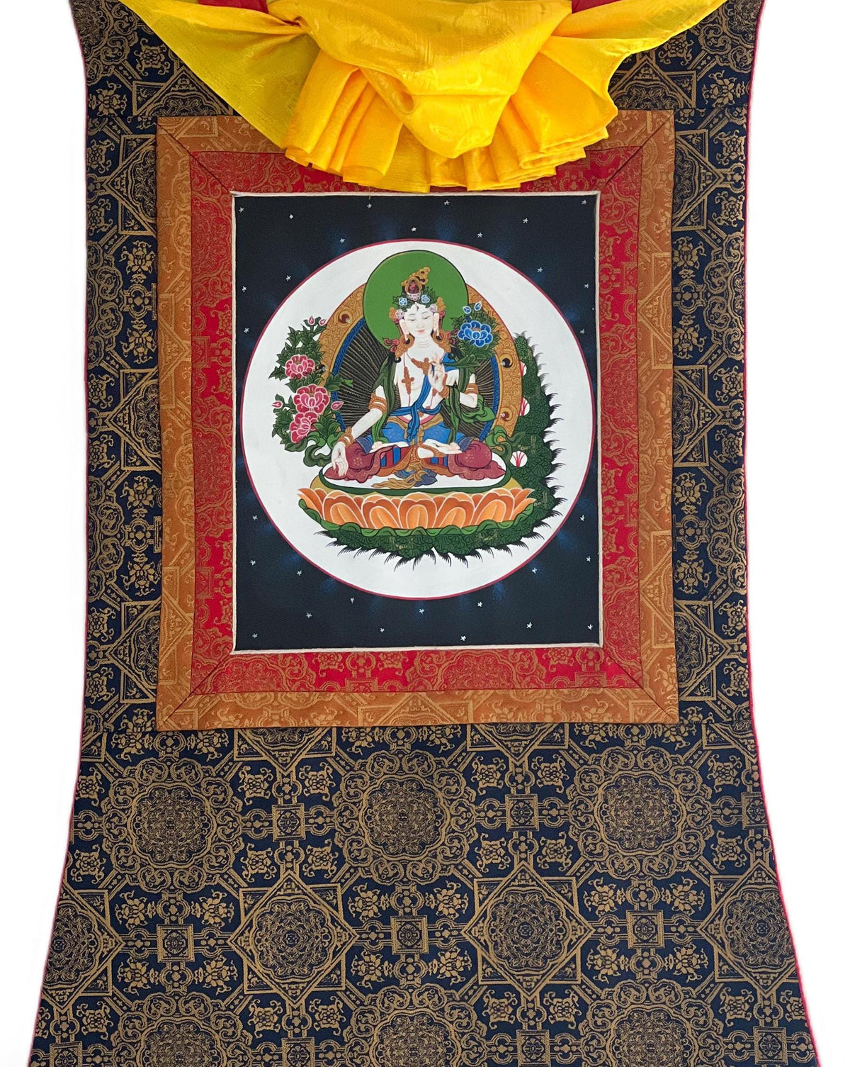 White Tara Thangka Painting, Silk Brocade, Buddhist Meditation Art