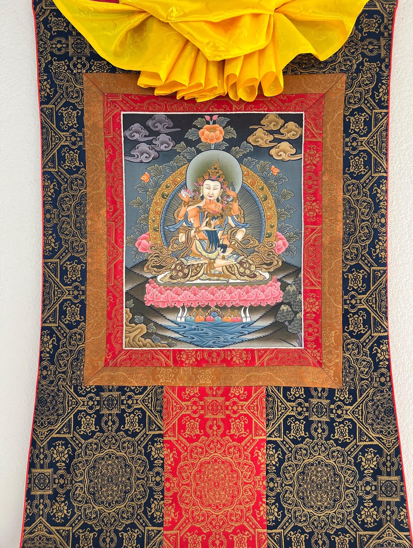 Hand-Painted Vajrasattva Shakti Thangka Painting with Silk Brocade