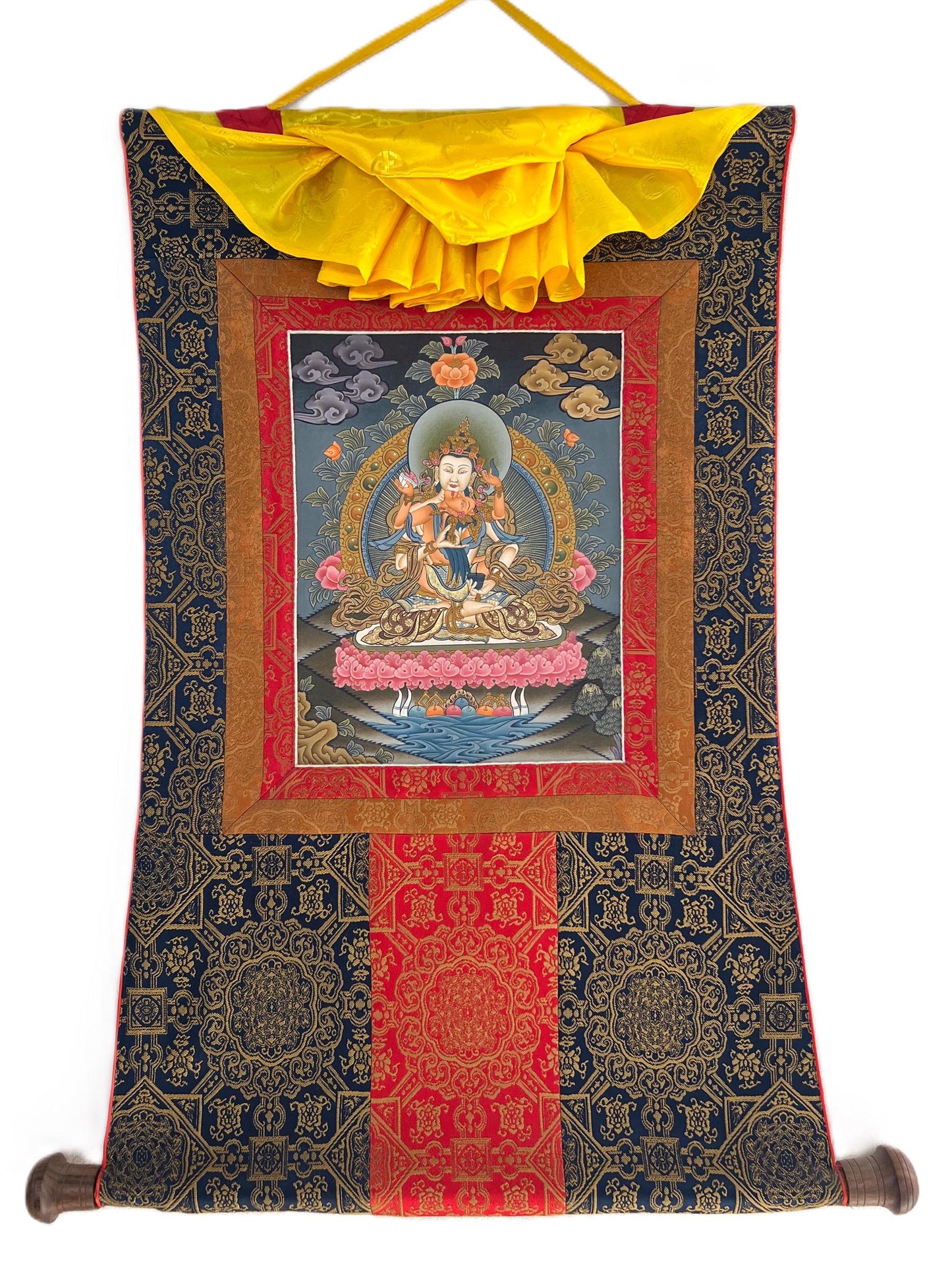 Hand-Painted Vajrasattva Shakti Thangka Painting with Silk Brocade